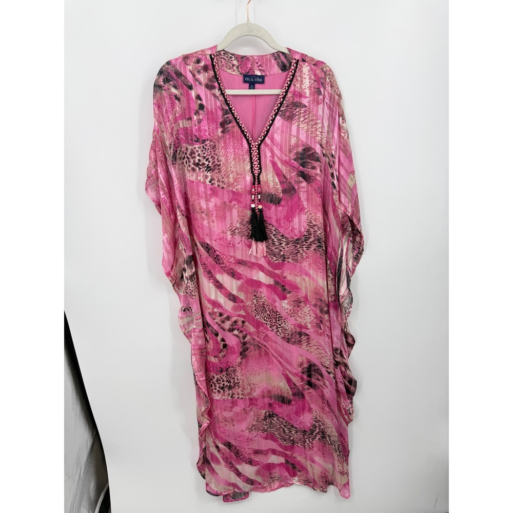 Fig & Vine Kaftan Dress Womens Medium Pink Animal Print Metallic Tassel Boho